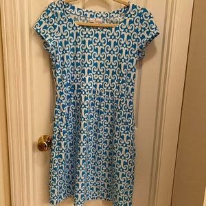 Jude Connally Patty Dress Blue White Geometric Cap Sleeve Pockets Brunch